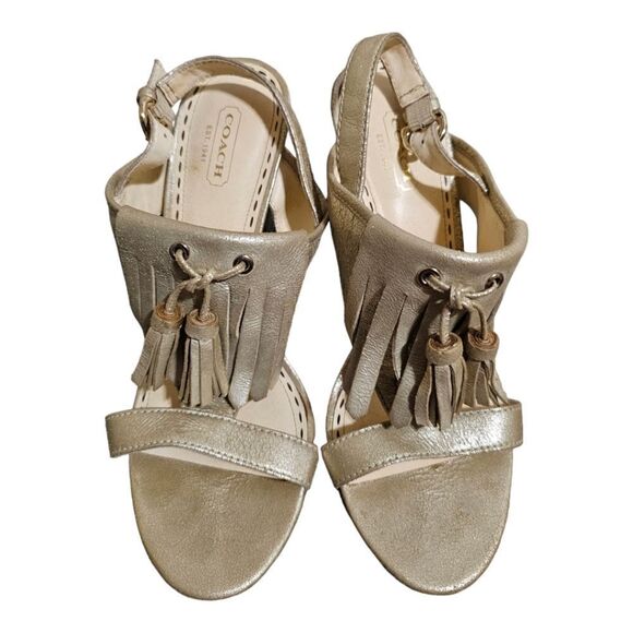 COACH "Genaveeve" Pale Gold Leather Peep Toe Block Heel Pumps - Size 8 1/2 - Picture 2 of 7